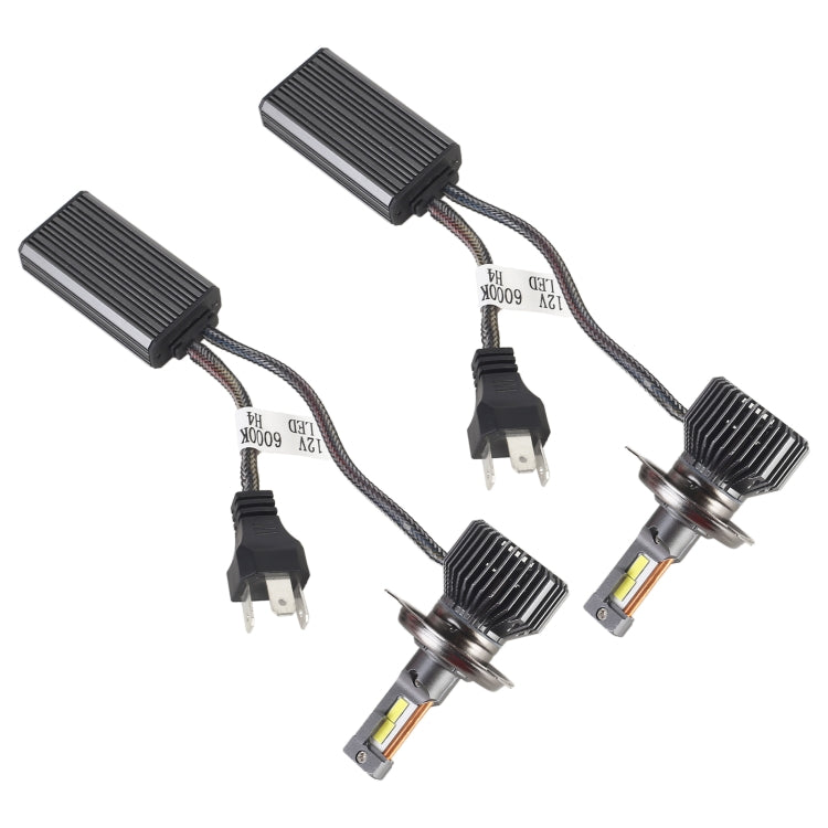Set of H4 LED headlight bulbs with black finned heatsinks and wiring harness