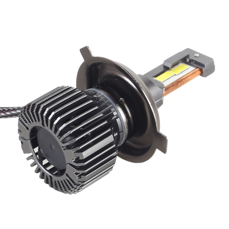 Single H4 LED headlight bulb with black finned heatsink and exposed LED module