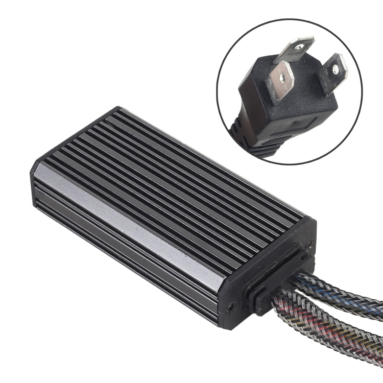 LED headlight heat sink module with black fins and connector, angled close-up
