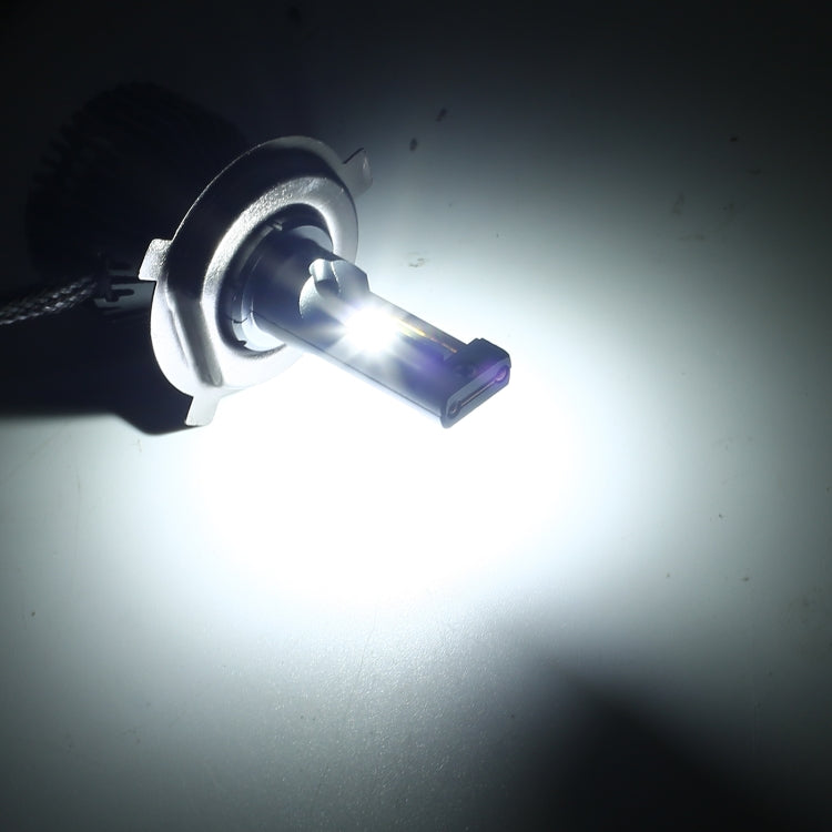 H4 LED headlight bulb glowing white with black finned heatsink and metal base