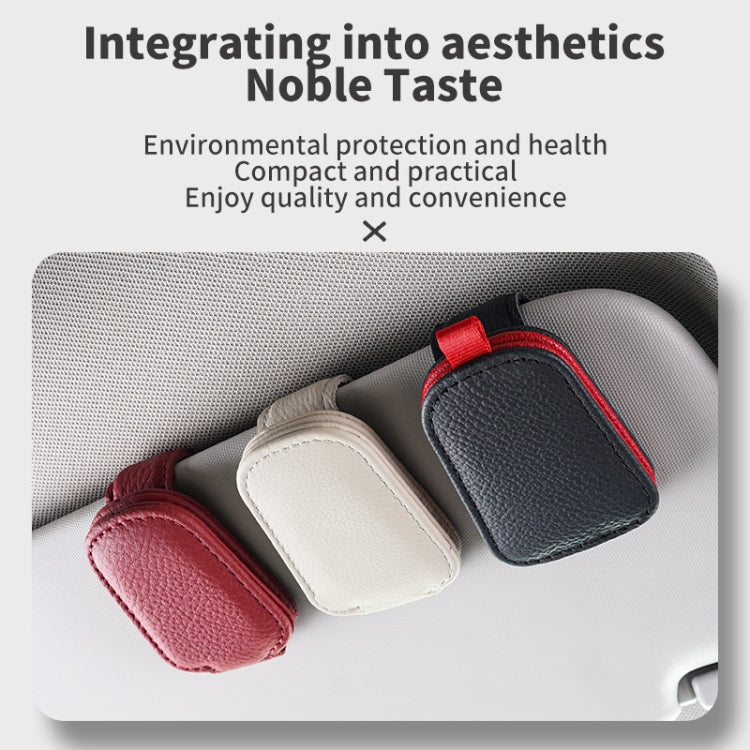 Car visor clip holders with glasses storage in black, beige, and red