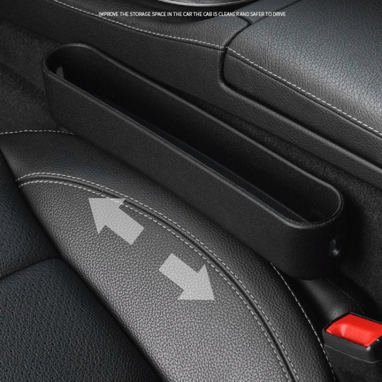 Car seat crevice storage box installed, black tray with snap-on side anchors