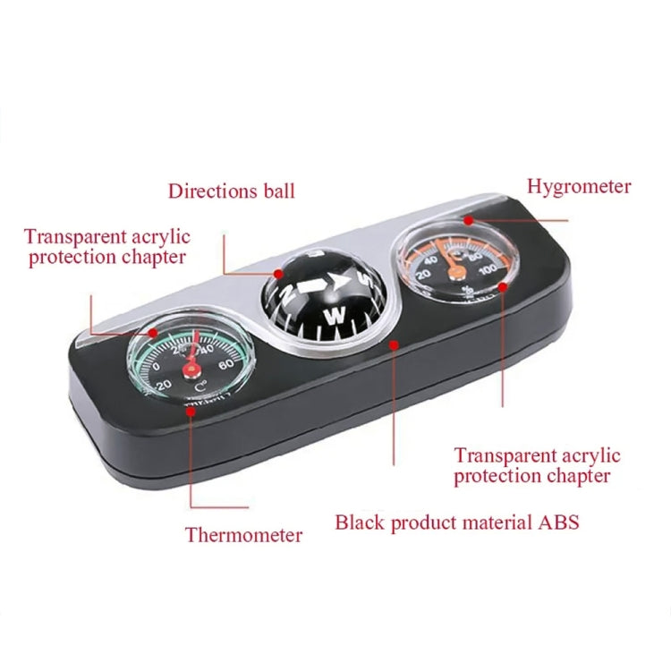 Three-gauge car compass set with clear covers, direction ball, thermometer, and hygrometer.