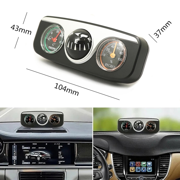 Compact black three-in-one car compass ball with thermometer and hygrometer dials.