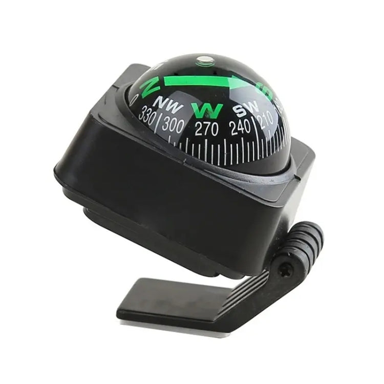 Black car compass ball with green compass rose dial and side mounting bracket