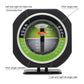 Car pitch angle inclinometer with green circular scale, center indicator, and angle disk panels