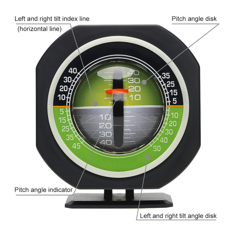 Car pitch angle inclinometer with green circular scale, center indicator, and angle disk panels