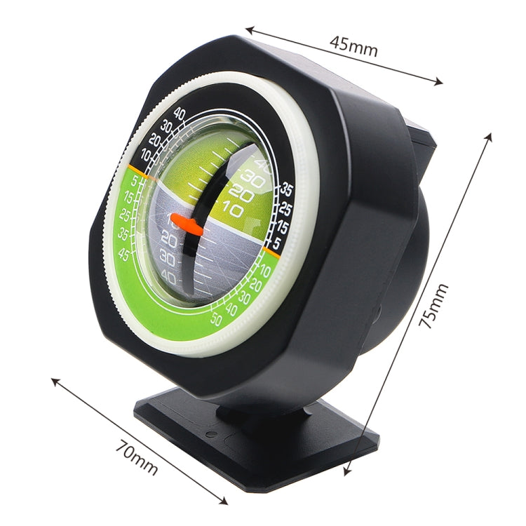 Black base car tilt inclinometer with green LED dial, orange needle, and white ring