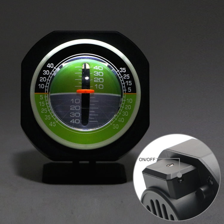 Car inclinometer level meter front with ON/OFF switch, lit green gauge and white light ring