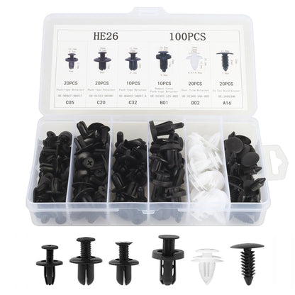 Black and white car plastic rivet clips fastener set in organizer case, 100 pcs