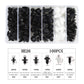 Car rivet clips set in tray, showing black and white push-pin fasteners and size chart