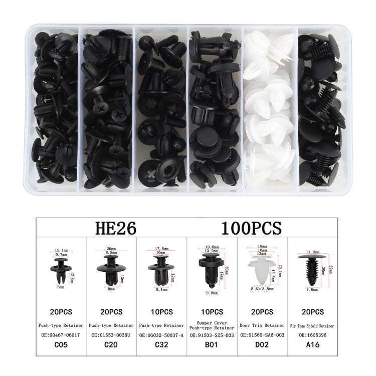 Car rivet clips set in tray, showing black and white push-pin fasteners and size chart