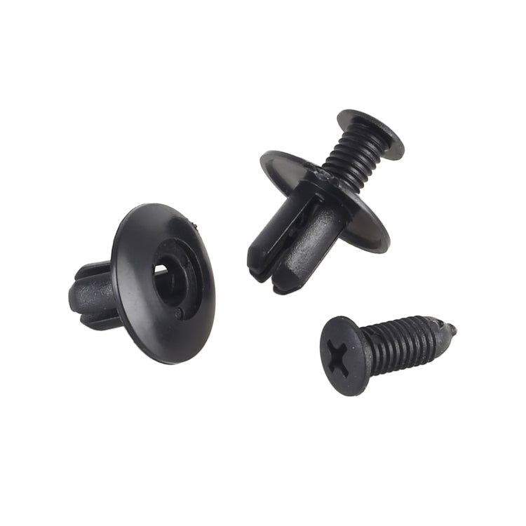 Pair of black plastic push rivet fasteners with expanding pins