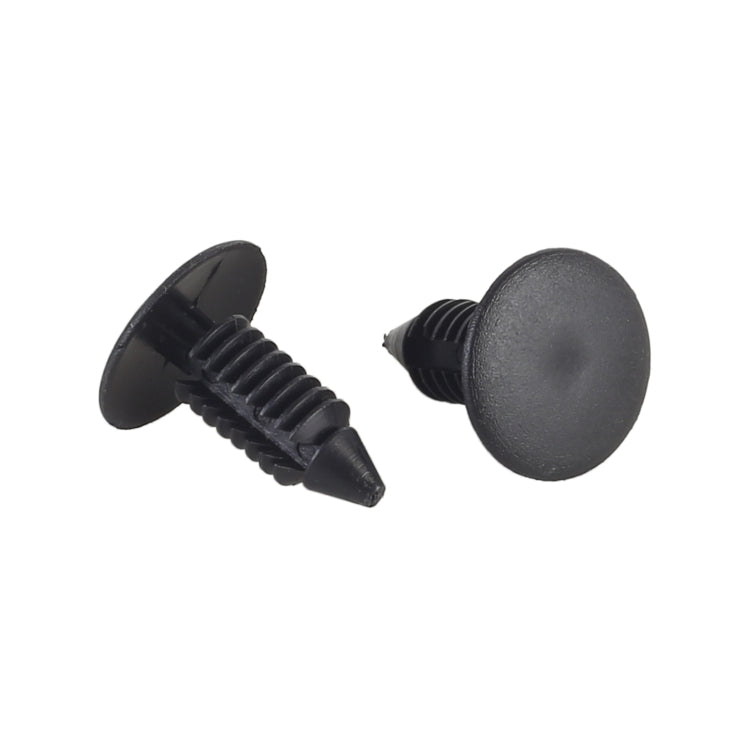 Black plastic push rivet fasteners with round heads and threaded stems