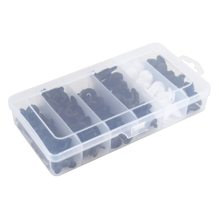 Clear organizer tray of black and white plastic rivet clips, 100-pc set
