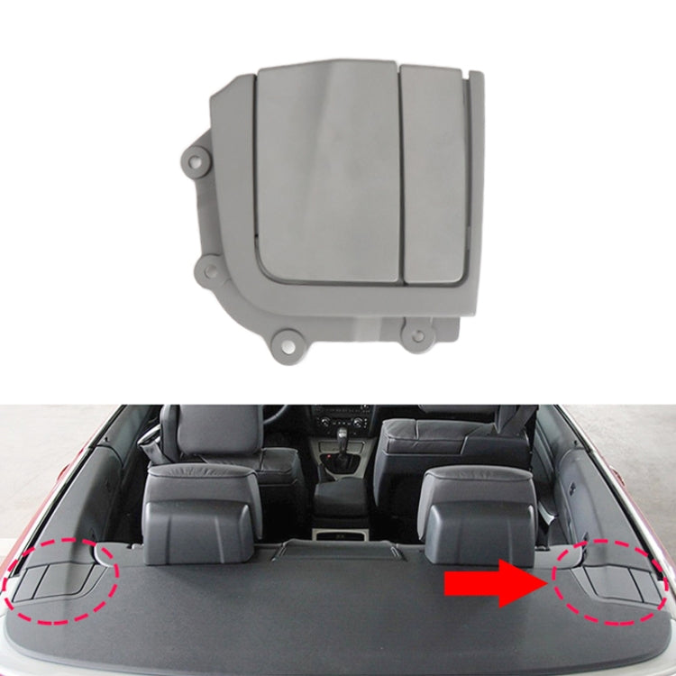 Right-side convertible rear platform hinge cover, gray ABS plastic piece with mounting tabs