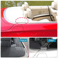 Convertible rear platform hinge cover installed in car interior with closure and open views