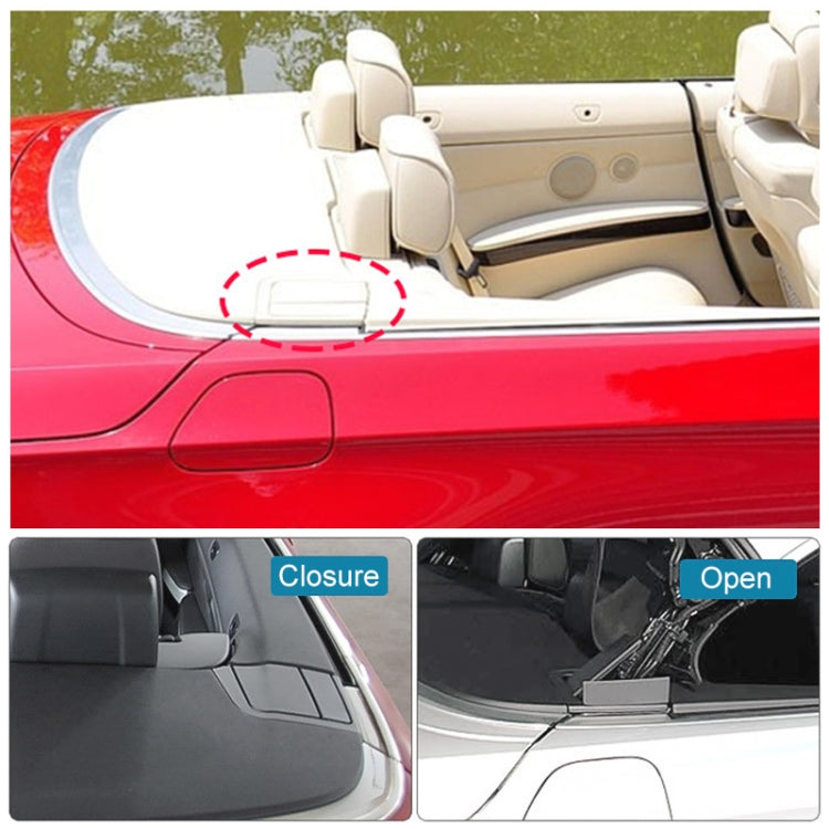 Convertible rear platform hinge cover installed in car interior with closure and open views