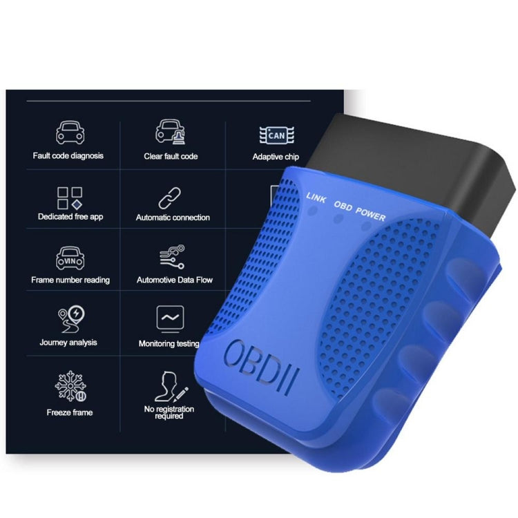 Blue and black OBDII Bluetooth OBD2 scan adapter with front grille and side buttons