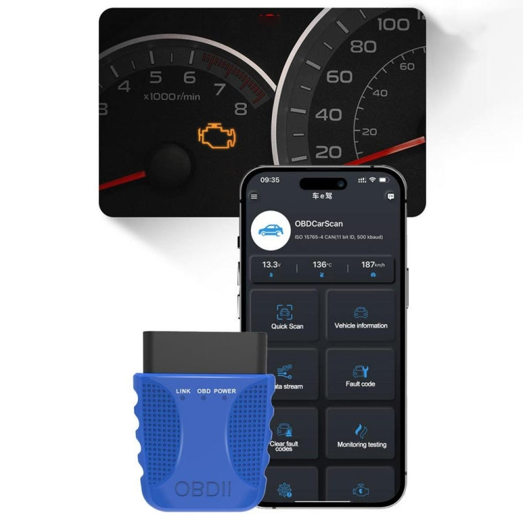 Blue OBDII Bluetooth OBD2 adapter shown with smartphone app diagnostic screen