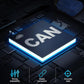 Blue OBDII Bluetooth OBD2 adapter above a glowing CAN-style circuit board