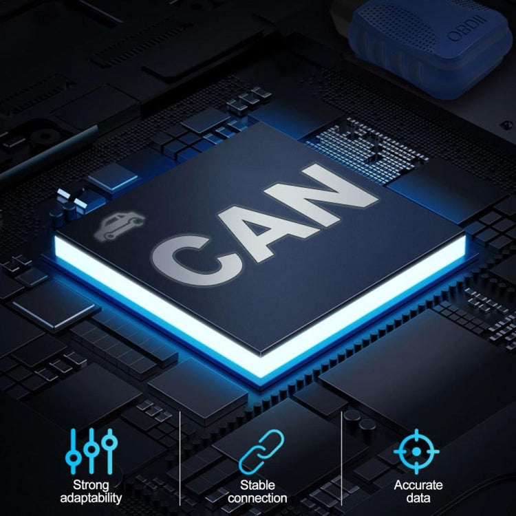 Blue OBDII Bluetooth OBD2 adapter above a glowing CAN-style circuit board
