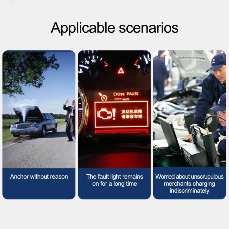 Blue OBDII Bluetooth OBD2 adapter with scenario icons for fault diagnosis