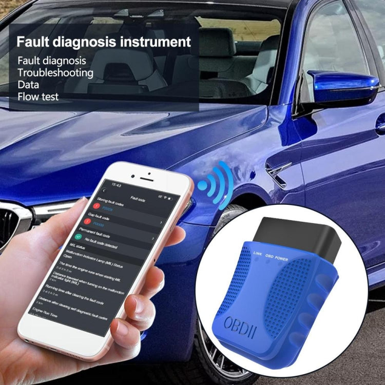 Blue OBDII Bluetooth OBD2 adapter connected to a phone via the diagnostic app