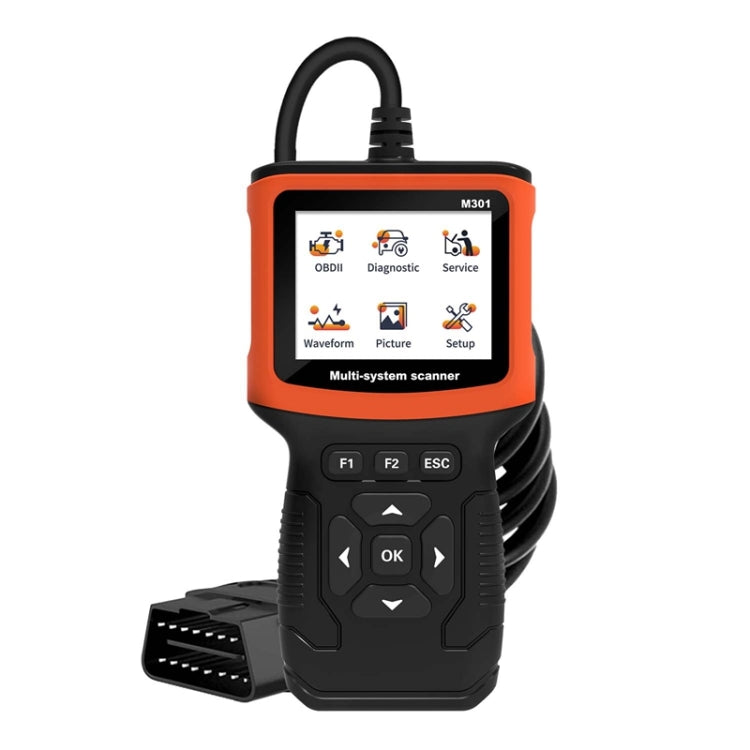 Orange and black OBD2 car code reader scanner with color display and control buttons