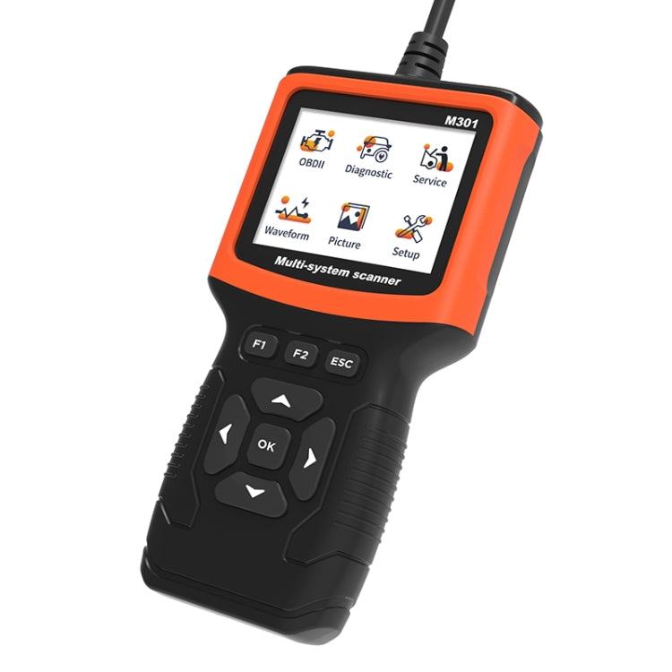 Orange and black handheld OBD2 scanner with color screen and function keypad