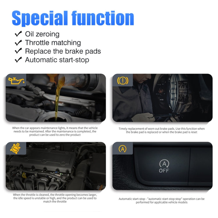 OBD2 code reader special function icons with engine bay and start-stop button