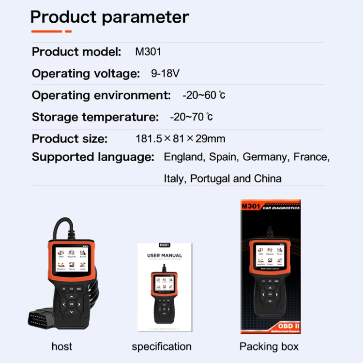 Orange and black OBD2 scanner with keypad and OBD plug, shown with documentation