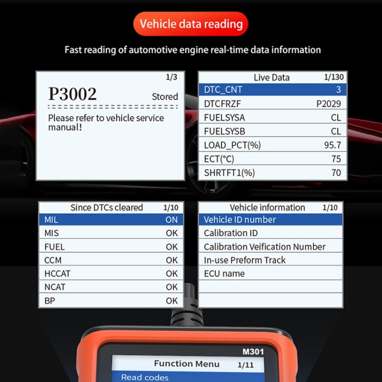 OBD2 scanner with lit screen showing a function menu and navigation controls