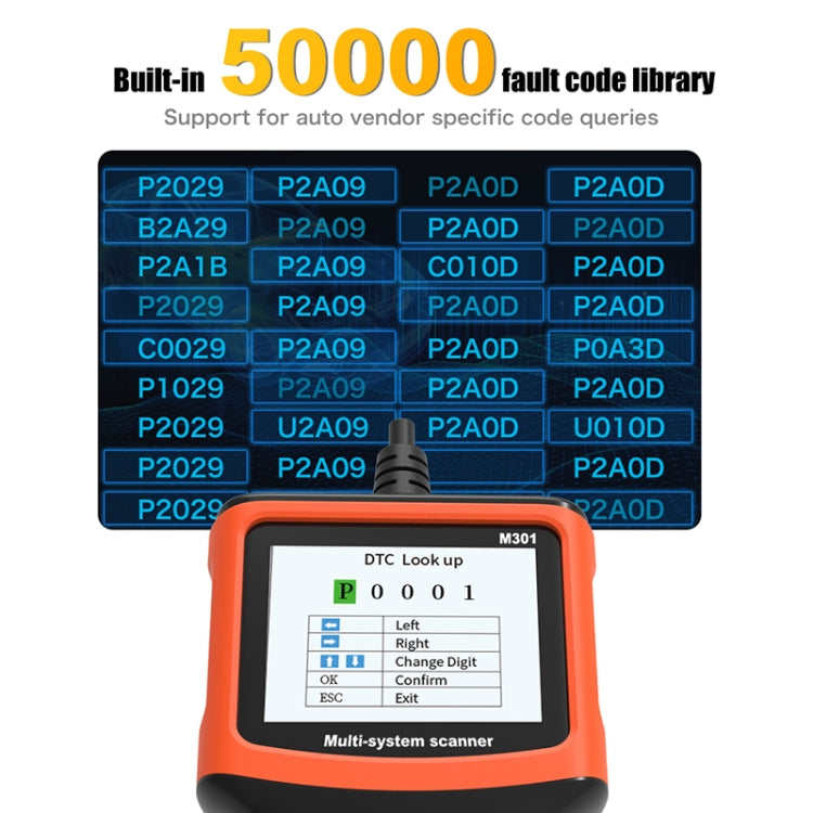 OBD2 scanner with display showing fault code library and DTC lookup options