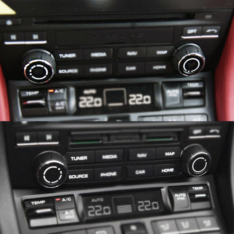 Two black audio knob covers with silver trim rings installed on dashboard
