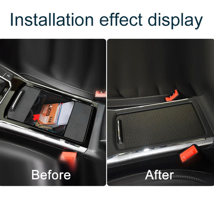 Ribbed black cup holder cover installed in car center console; before and after