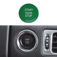 Green one-key start/stop engine button, round face with START ENGINE STOP lettering