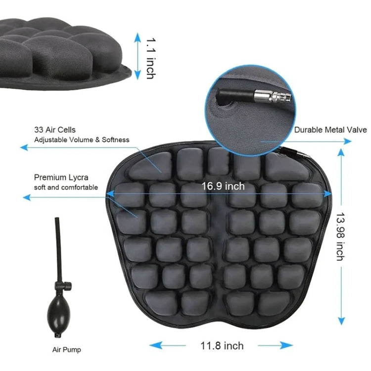 Black inflatable airbag seat cushion with air pump and metal inflation valve