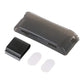 Gray car storage bin with black phone holder, included clips, and round adhesive pads