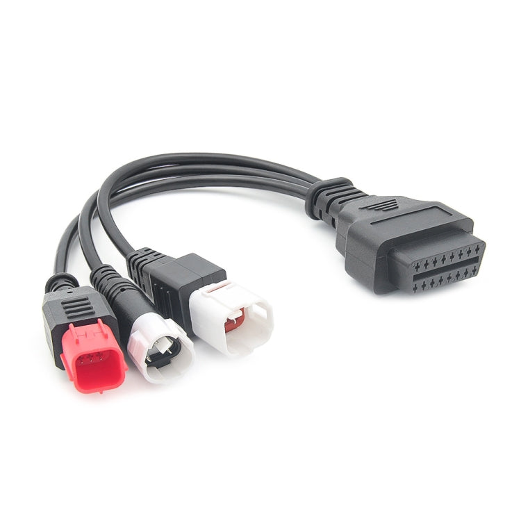 Motorcycle diagnostic cable with gray OBDII connector and red and white adapters