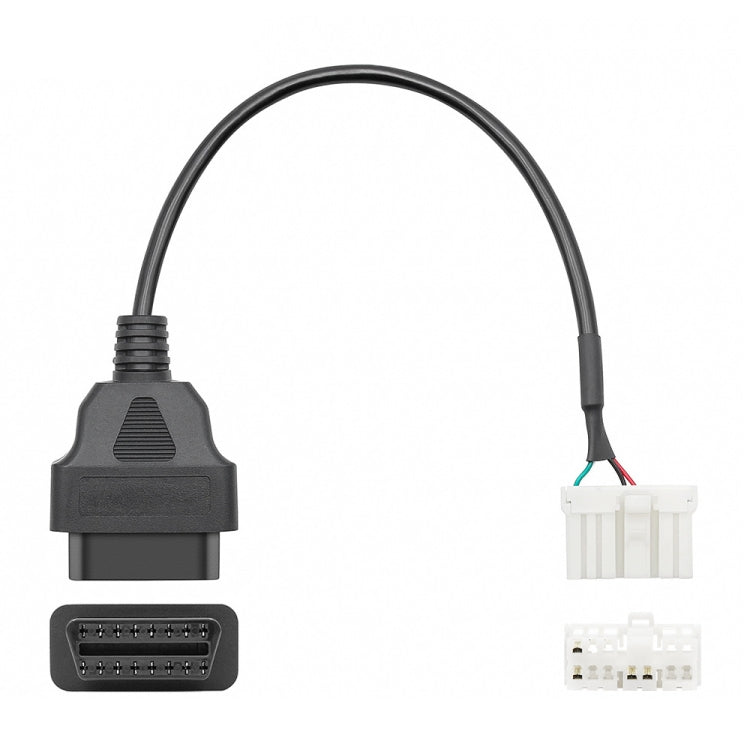 OBDII to 12-pin adapter cable with black OBDII plug and white 12-pin connector