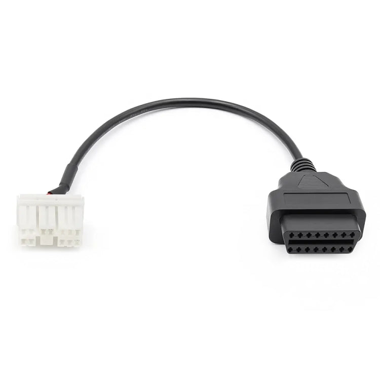 OBDII to 12-pin adapter cable with black OBDII plug on right and white 12-pin on left