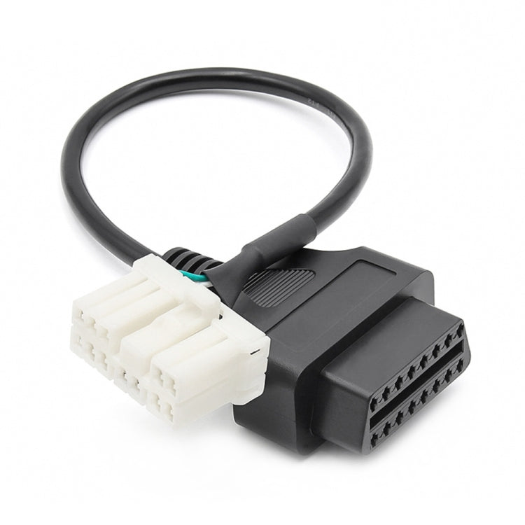 OBDII to 12-pin adapter cable with black OBDII plug and white 12-pin connector