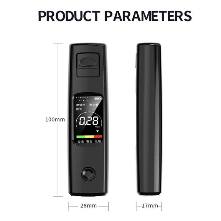 Black handheld alcohol tester with LCD display and side mouthpiece