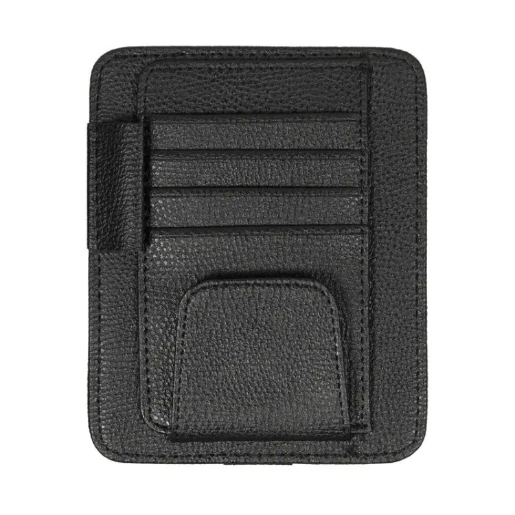 Black sun visor glasses holder with stitched card slots and front pocket