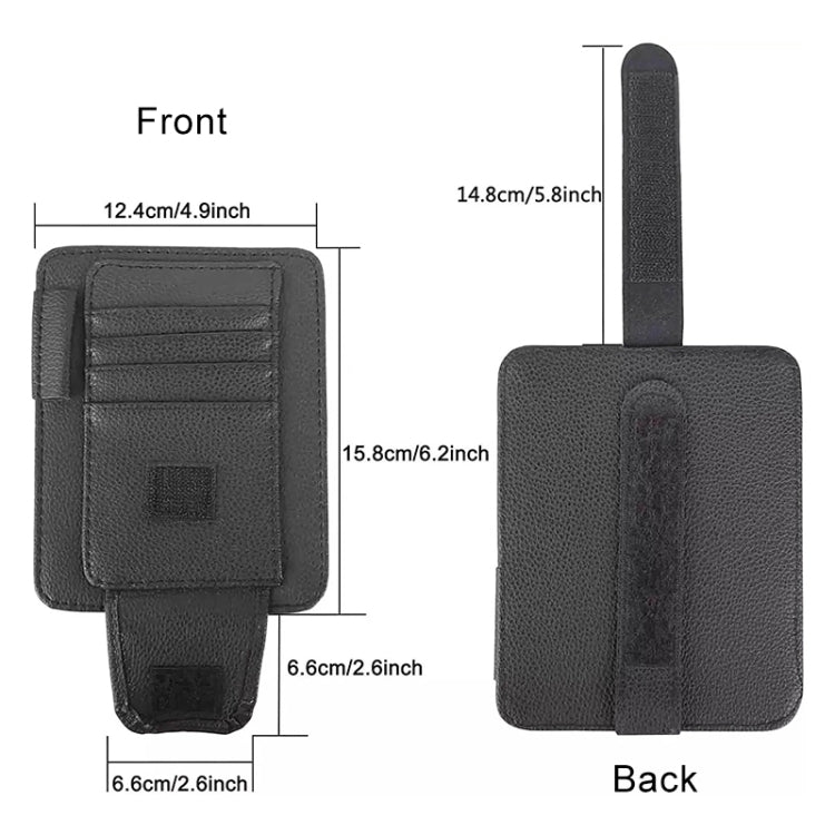 Black sun visor glasses holder, front and back views with hanging strap