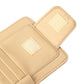 Beige glasses holder close-up with stitched texture and two inner label panels