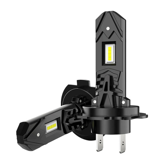 Pair of H7 LED headlight bulbs, black housing with dual yellow LED chips and metal pins