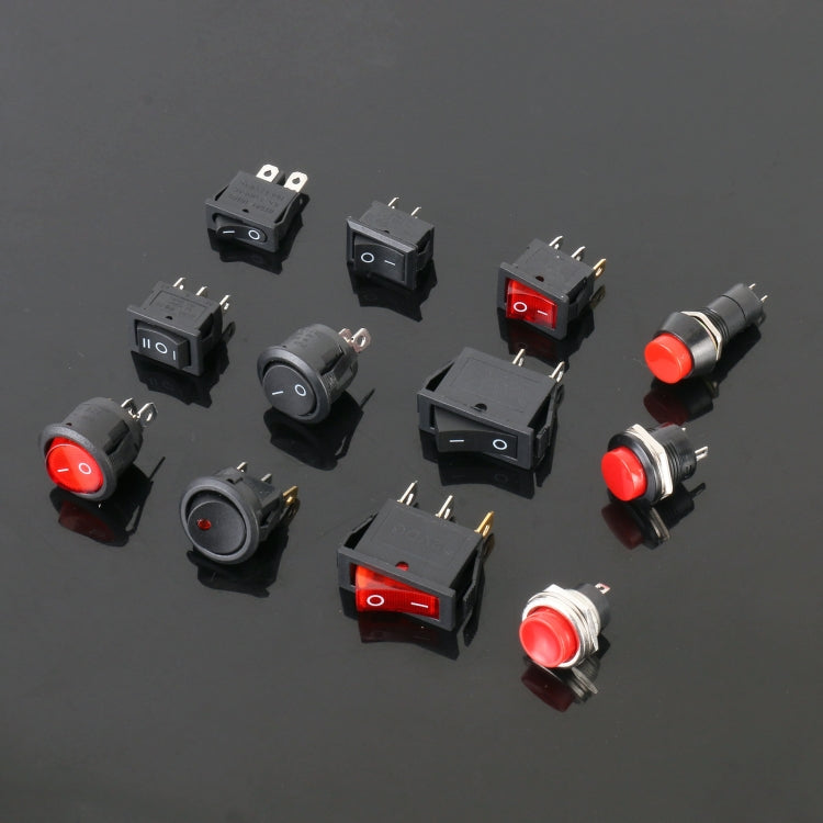 Assorted universal power switches and push buttons in black with red indicator caps