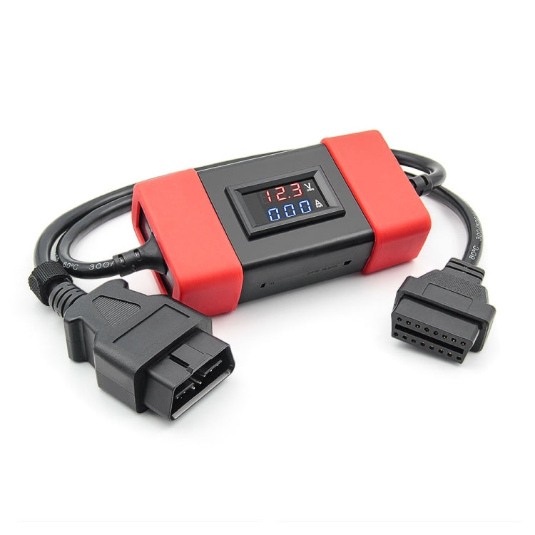 Red and black 24V-to-12V diagnostic module with digital amperage/voltage display